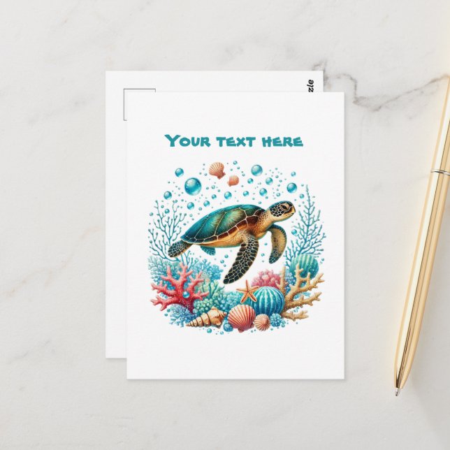 Cute beach customisable sea turtle postcard (Front/Back In Situ)