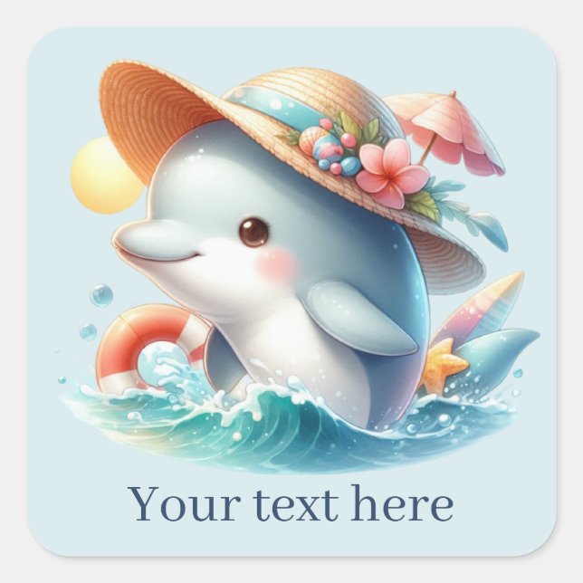 Cute beach dolphin add text  square sticker (Front)