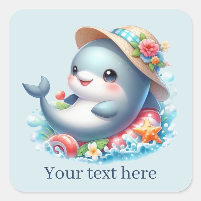 Cute beach dolphin add text square sticker (Front)