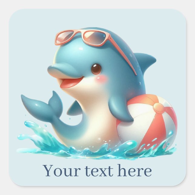 Cute beach dolphin add text  square sticker (Front)