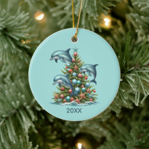 Cute beach dolphin lovers add year message ceramic tree decoration