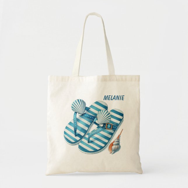 Cute beach flip flop lovers add name tote bag (Front)