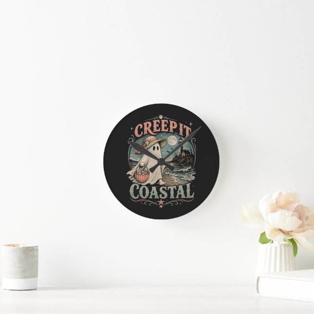 Cute Beach Ghost Spooky Coastal Halloween Round Clock (Home)