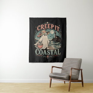 Cute Beach Ghost Spooky Coastal Halloween Tapestry