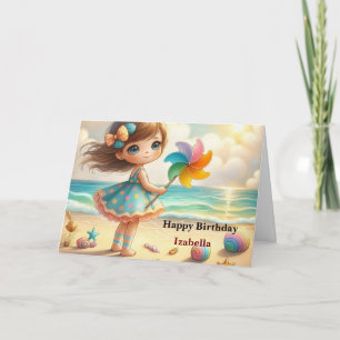 Cute Beach Girl Birthday Card with Pinwheel