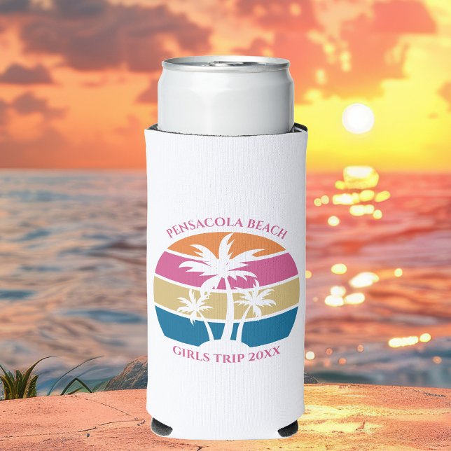 Cute Beach Girls Trip Palm Trees Custom Pink Seltzer Can Cooler (Creator Uploaded)
