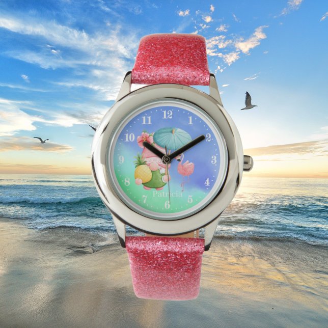 cute beach gnome pink flamingo add name kids  watch (Creator Uploaded)