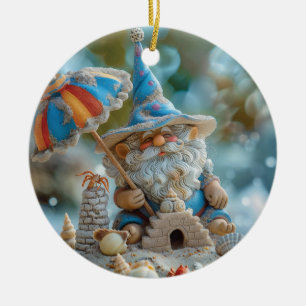 Cute beach gnome with an umbrella ceramic tree decoration