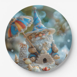 Cute beach gnome with an umbrella paper plate