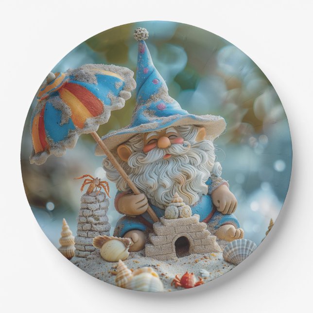 Cute beach gnome with an umbrella paper plate (Front)