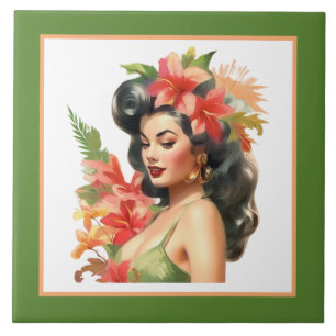 Cute beach Hawaiian lady  Tile