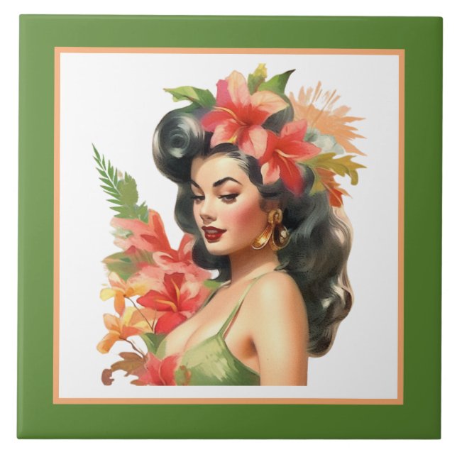 Cute beach Hawaiian lady  Tile (Front)