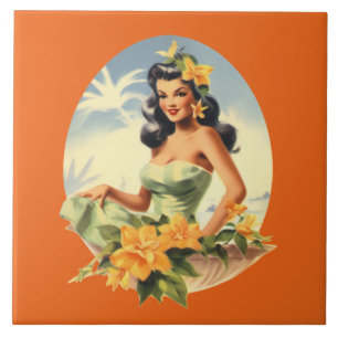 Cute beach Hawaiian lady  Tile