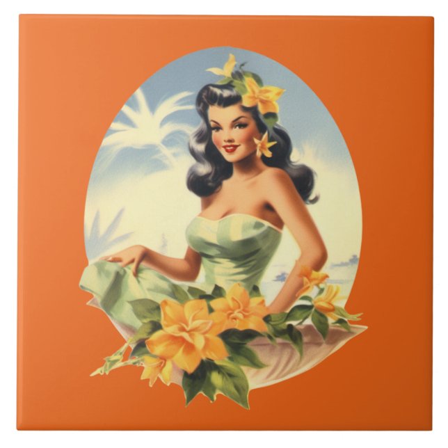 Cute beach Hawaiian lady  Tile (Front)