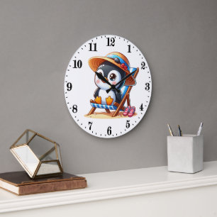 Cute beach house penguin lovers large clock