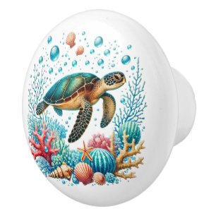 Cute beach house sea turtle ceramic knob