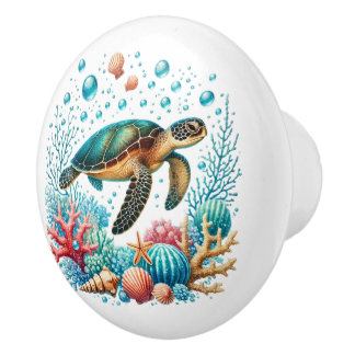 Cute beach house sea turtle ceramic knob