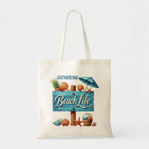 Cute beach life sign add name tote bag