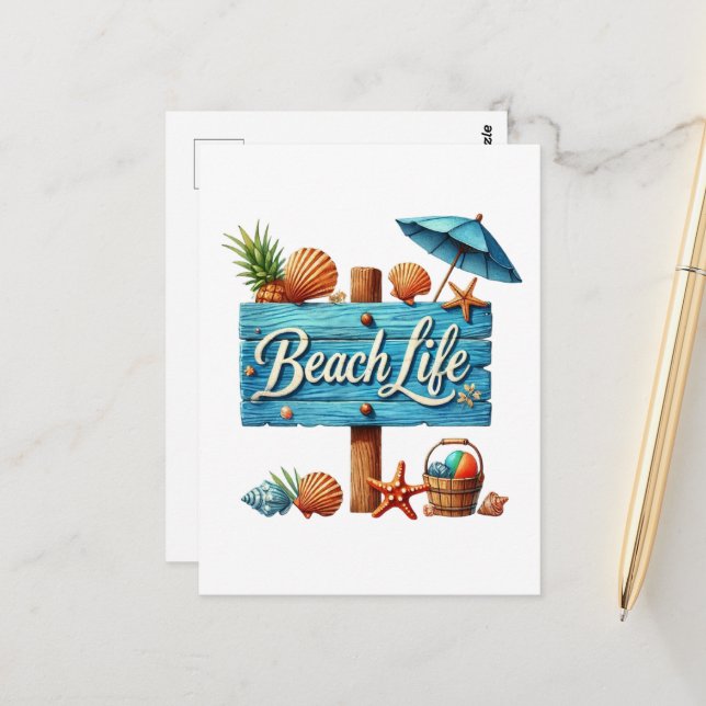 Cute beach life word art sign postcard (Front/Back In Situ)