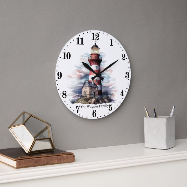 Cute Beach lighthouse lovers add name  Large Clock (Office)