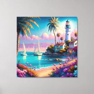 cute Beach Lighthouse lovers Canvas Print