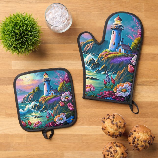 Cute beach lighthouse lovers kitchen oven mitt & pot holder set (Top Down)