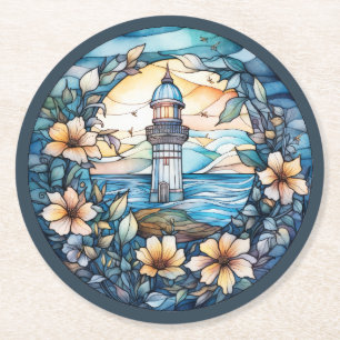 Cute beach lighthouse lovers party round paper coaster