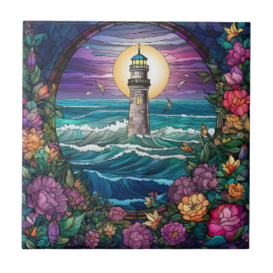 cute beach lighthouse lovers tile