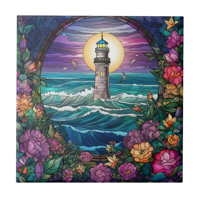 cute beach lighthouse lovers tile (Front)