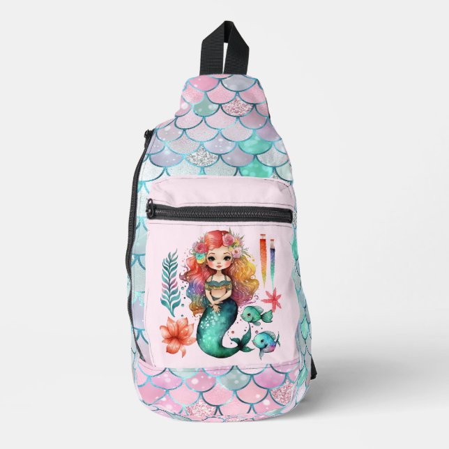 Cute beach mermaid add name girls  sling bag (Front)