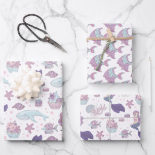 cute beach mermaid tiled party wrapping paper sheet