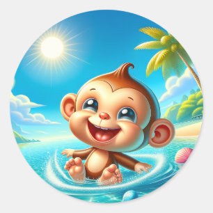 Cute beach monkey lovers classic round sticker