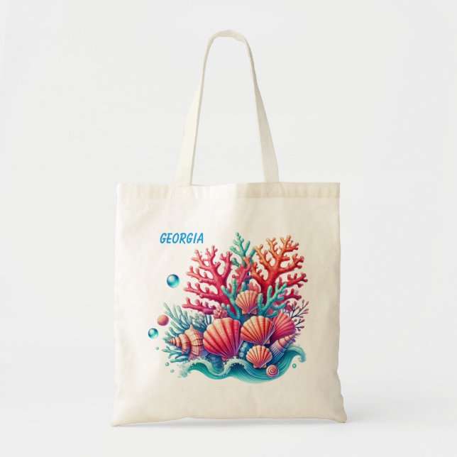 Cute beach ocean coral seashells add name tote bag (Front)