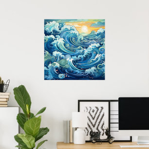 Cute beach ocean waves poster