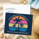 Cute Beach Palm Tree Family Reunion Invitation Postcard<br><div class="desc">This cute beach palm tree sunset party postcard invitation is perfect for a summer family reunion at a tropical island. Personalise these fun invites to a coastal outing with friends or family.</div>
