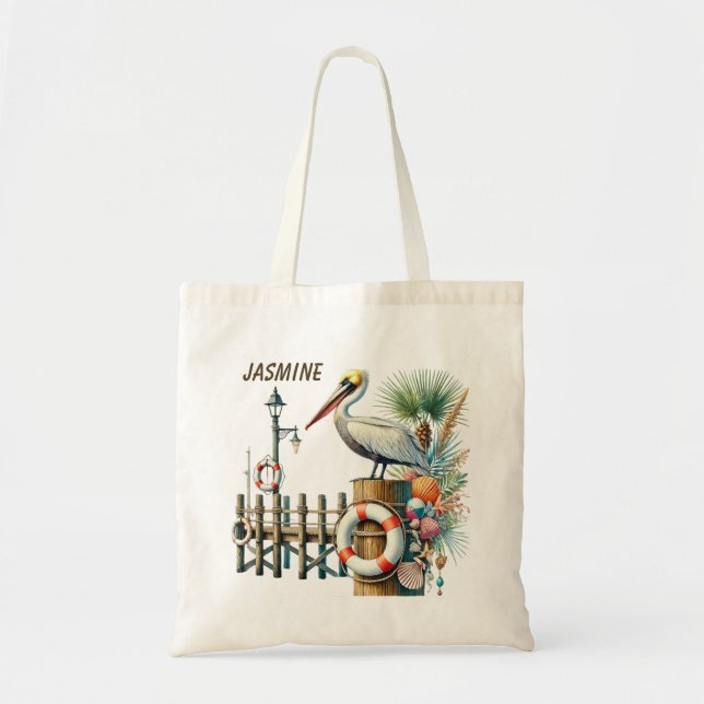 Cute beach pelican lovers add name tote bag (Front)