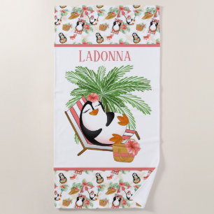 cute beach penguin add name Beach Towel