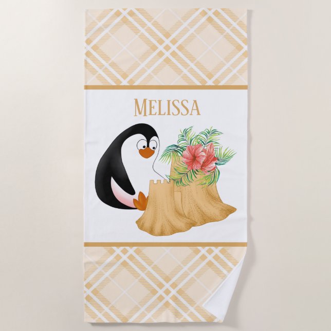 cute beach penguin add name towel (Front)