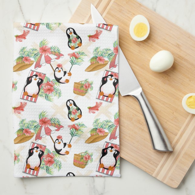 Cute beach penguins tiled tea towel (Quarter Fold)