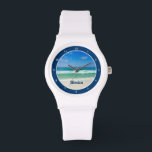 Cute Beach Photo Personalised Seaside White Watch<br><div class="desc">A beautiful beach photograph taken in the ideal vacation destination of Destin,  Florida. The gorgeous green waters of Sandestin wash up to the sandy seashore underneath serene blue skies to make the perfect scenic vacation photo wristwatch. Customise this pretty,  tropical watch with your name.</div>