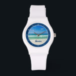 Cute Beach Photo Personalised Seaside White Watch<br><div class="desc">A beautiful beach photograph taken in the ideal vacation destination of Destin, Florida. The gorgeous green waters of Sandestin wash up to the sandy seashore underneath serene blue skies to make the perfect scenic vacation photo wristwatch. Customise this pretty, tropical watch with your name.</div>