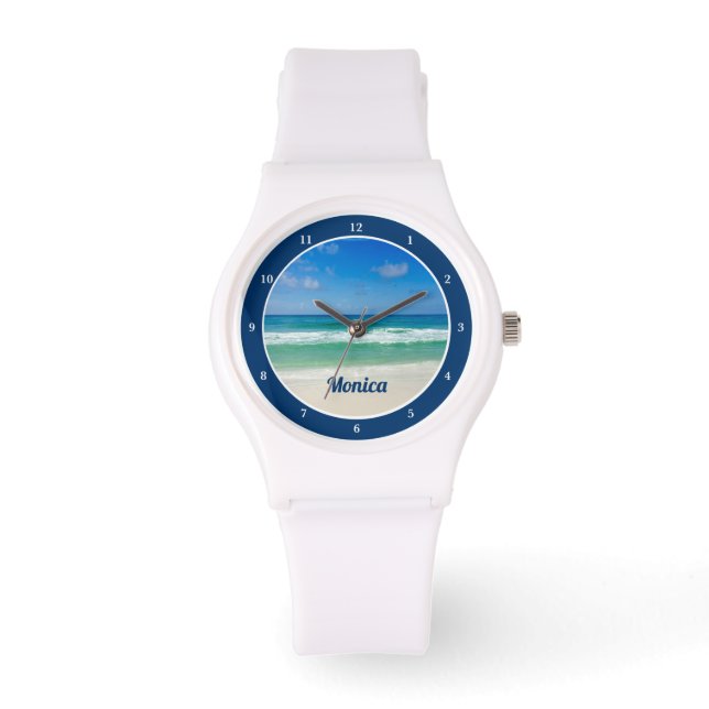 Cute Beach Photo Personalised Seaside White Watch (Front)