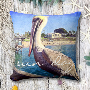Cute Beach Pier Pelican Bird Photo Sun Day Quote  Cushion