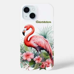 Cute beach pink flamingo add name  iPhone 15 case
