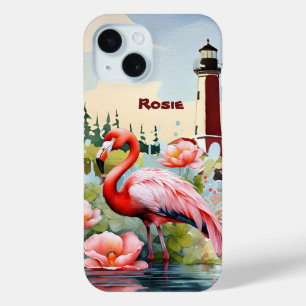Cute beach pink flamingo add name  iPhone 15 case