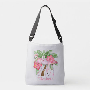Cute beach pink flamingo add name crossbody bag