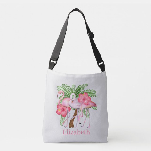 Cute beach pink flamingo add name crossbody bag (Front)