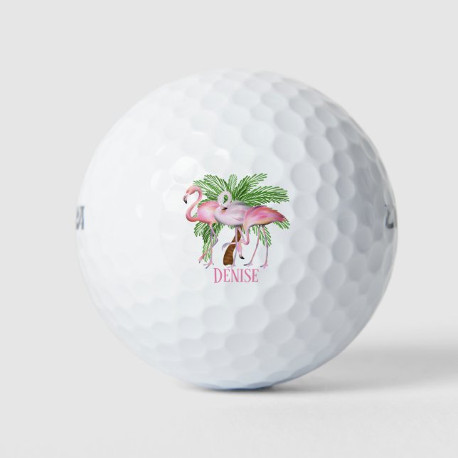 cute beach pink flamingo add name Golf Balls (Front)