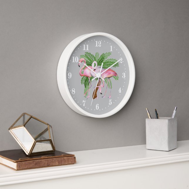 Cute beach pink flamingo decor Large Clock (Office)