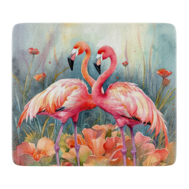 Cute beach pink flamingo lovers cutting board (Front)